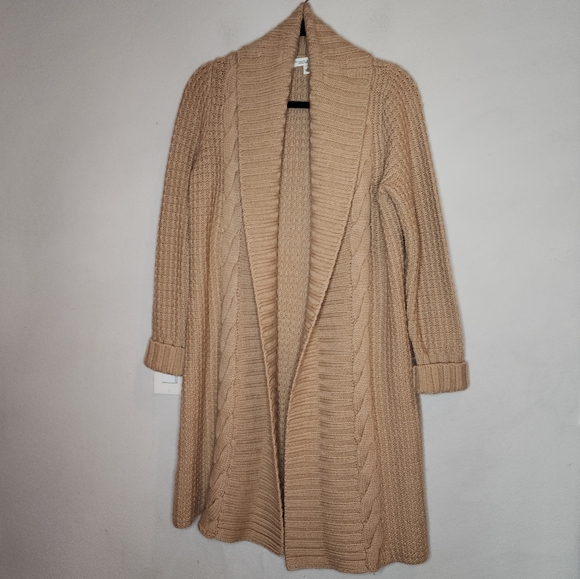 Banana Republic Merino Wool Tan Shawl Collar Knit Cardigan Size Medium Longline - Picture 1 of 12